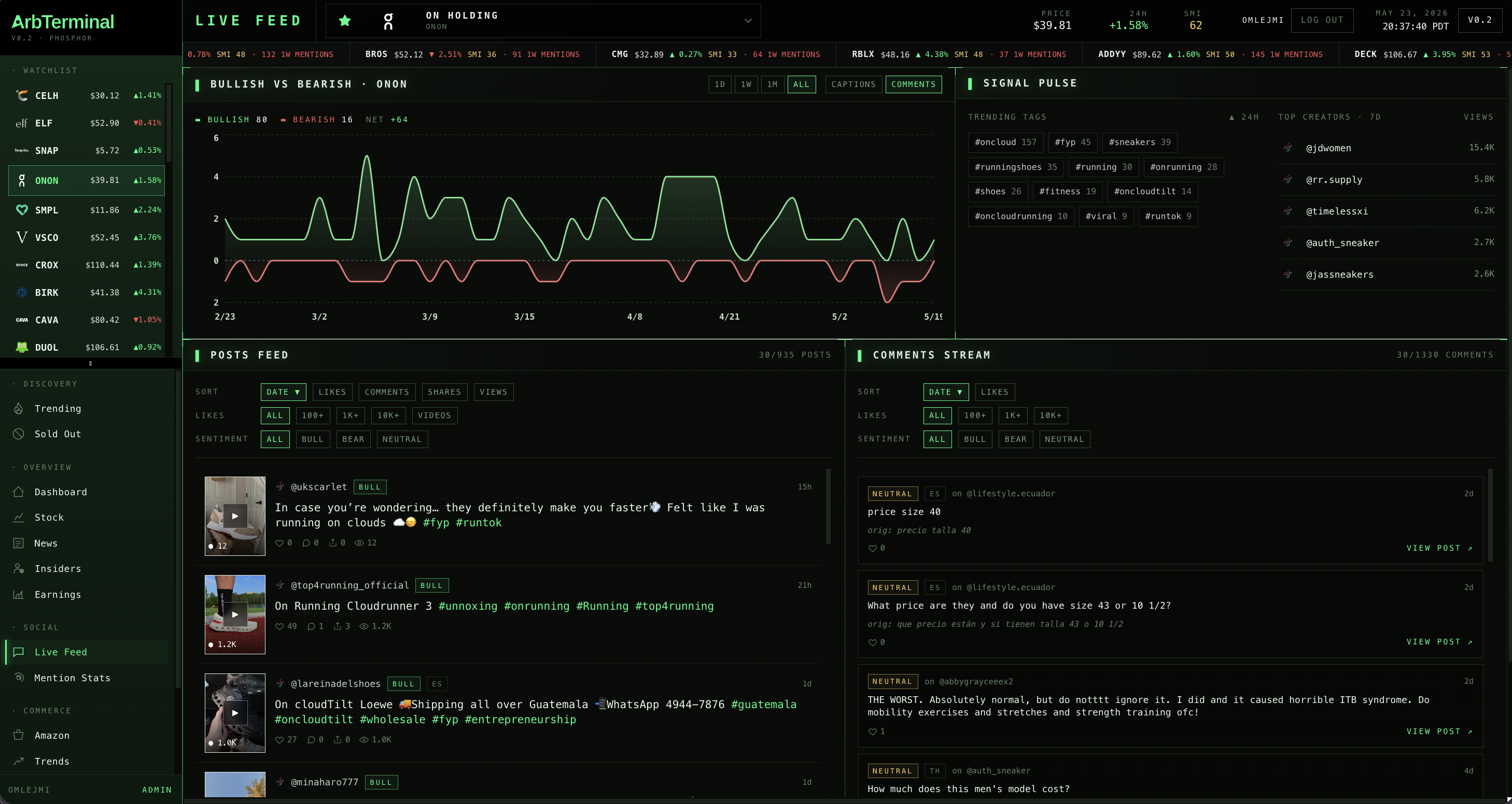 arbterminal social feed showing bullish vs bearish posts
