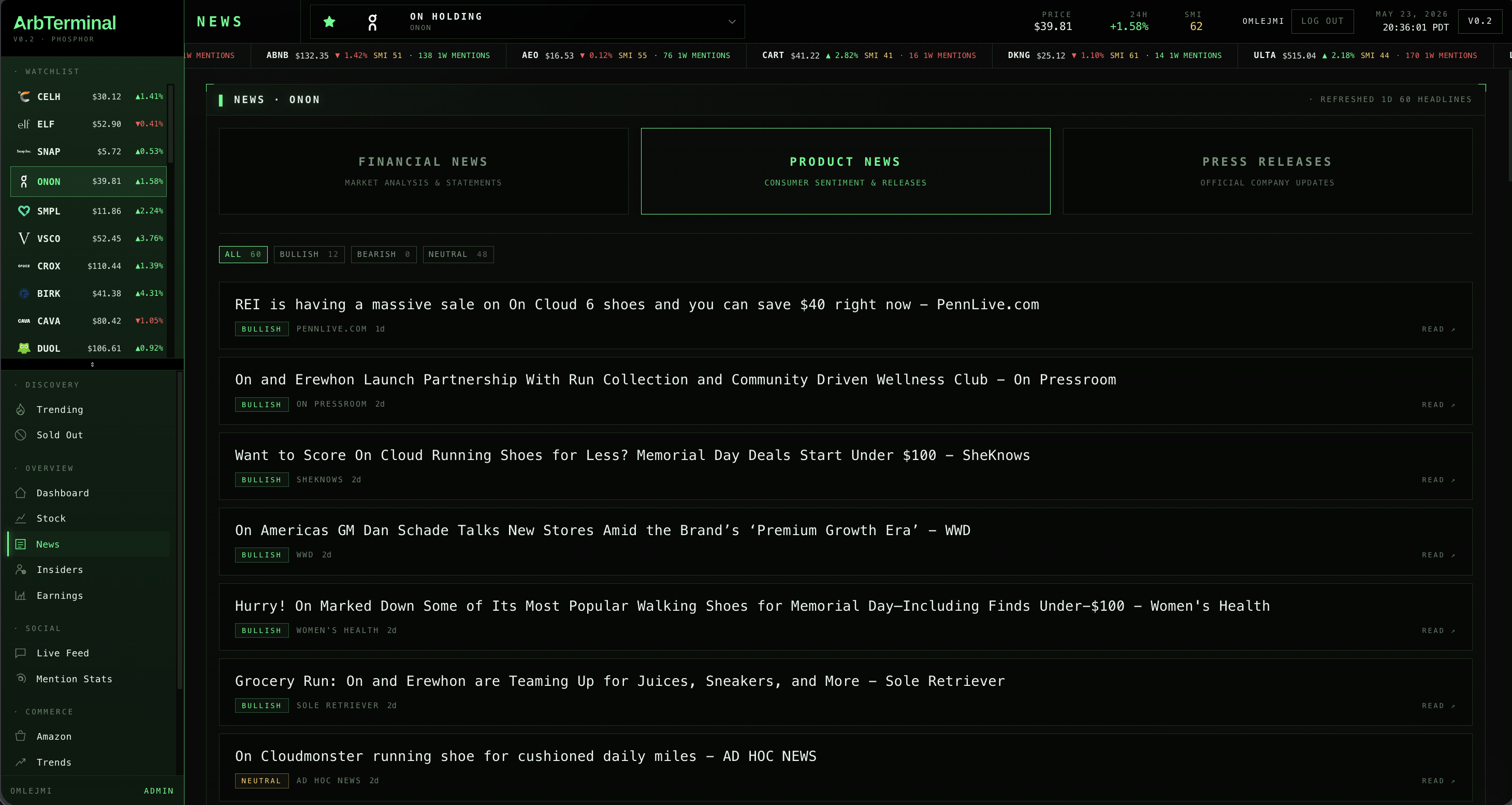 arbterminal news page for ONON